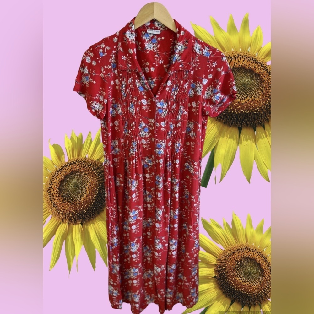 White Stag Red Tropical Floral Hawaiian Side Button  midi Dress - S colorful